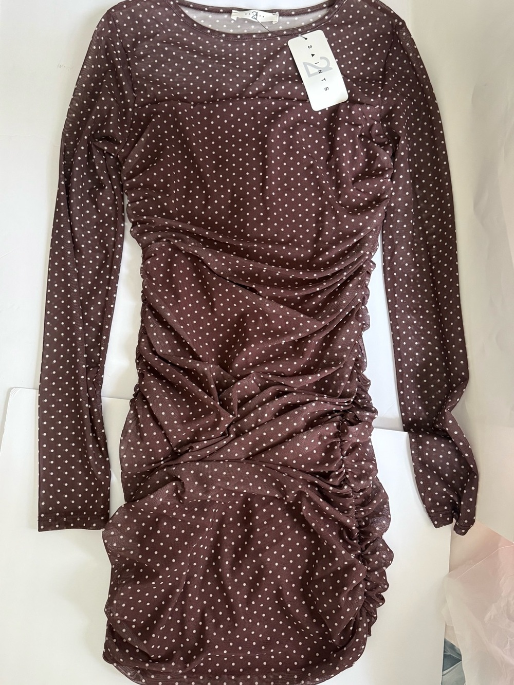 Saints 21 Polka Dot Brown Runched Long Sleeve Dress - Size Medium - NWT
